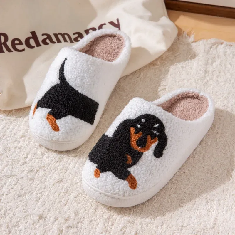 Pattern Dachshund Embroidery Stuffed Home Thick Sole Plaid Furry Cotton Warm Non-slip Indoor Slippers Pet Mom Gift_vogvips.com
