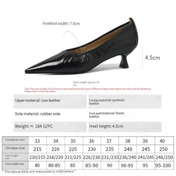 Cameido Women's Black Leather Pointed Toe Low Heel High Heels 4.5Cm Rubber Sole_vogvips.com