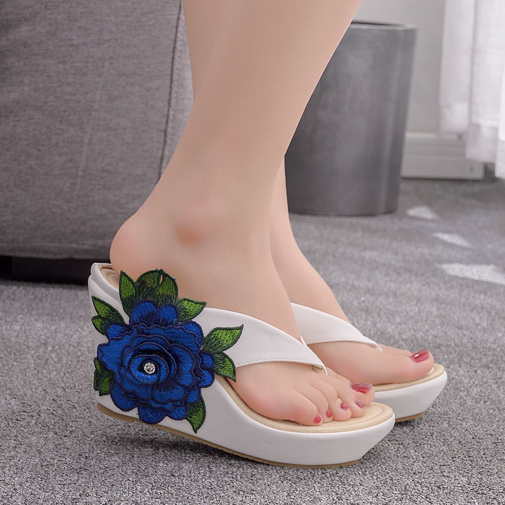 Women's Shoes Waterproof Wedge Sandals Beach Flip Flops Platform Thick Soled Embroidered Slippers Sandals_vogvips.com