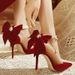 Cross-Border Plus Size 2025 Thin Heel Pointed High Heels One Strap Bow Women's Suede Red Pearl Wedding Shoes Wholesale_vogvips.com