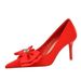 18249-AH33 Korean Style Banquet Women's High Heels Stiletto Shallow Mouth Pointed Toe Satin Bow Single Wedding Shoes_vogvips.com