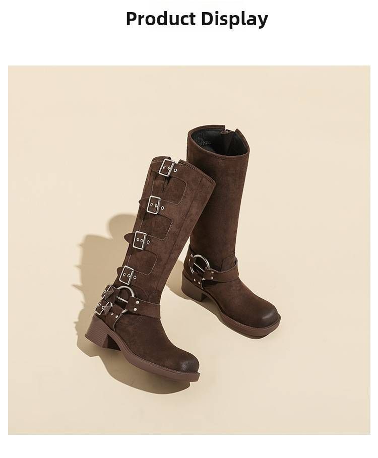 Genuine Leather Suede Black Cowboy Boots High Top Over The Knee Miu Retro Riding Boots With Belt Buckle For Women_vogvips.com
