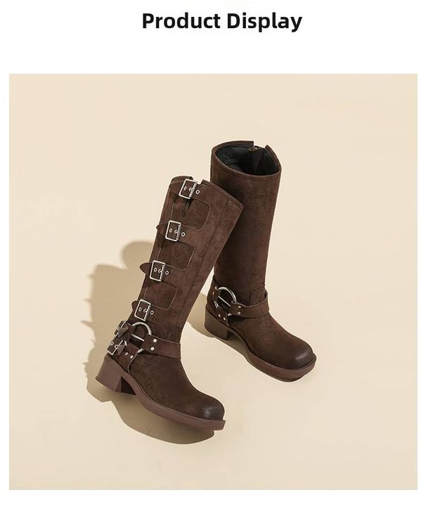 Genuine Leather Suede Black Cowboy Boots High Top Over The Knee Miu Retro Riding Boots With Belt Buckle For Women_vogvips.com