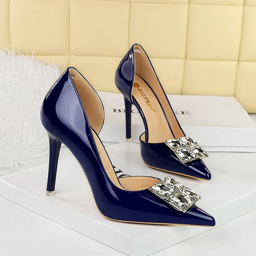 Women's Shoes Super High Heel Fine Heel Patent Leather Shallow Mouth Pointed Head Square Rhinestone Buckle Single Shoes Women_vogvips.com