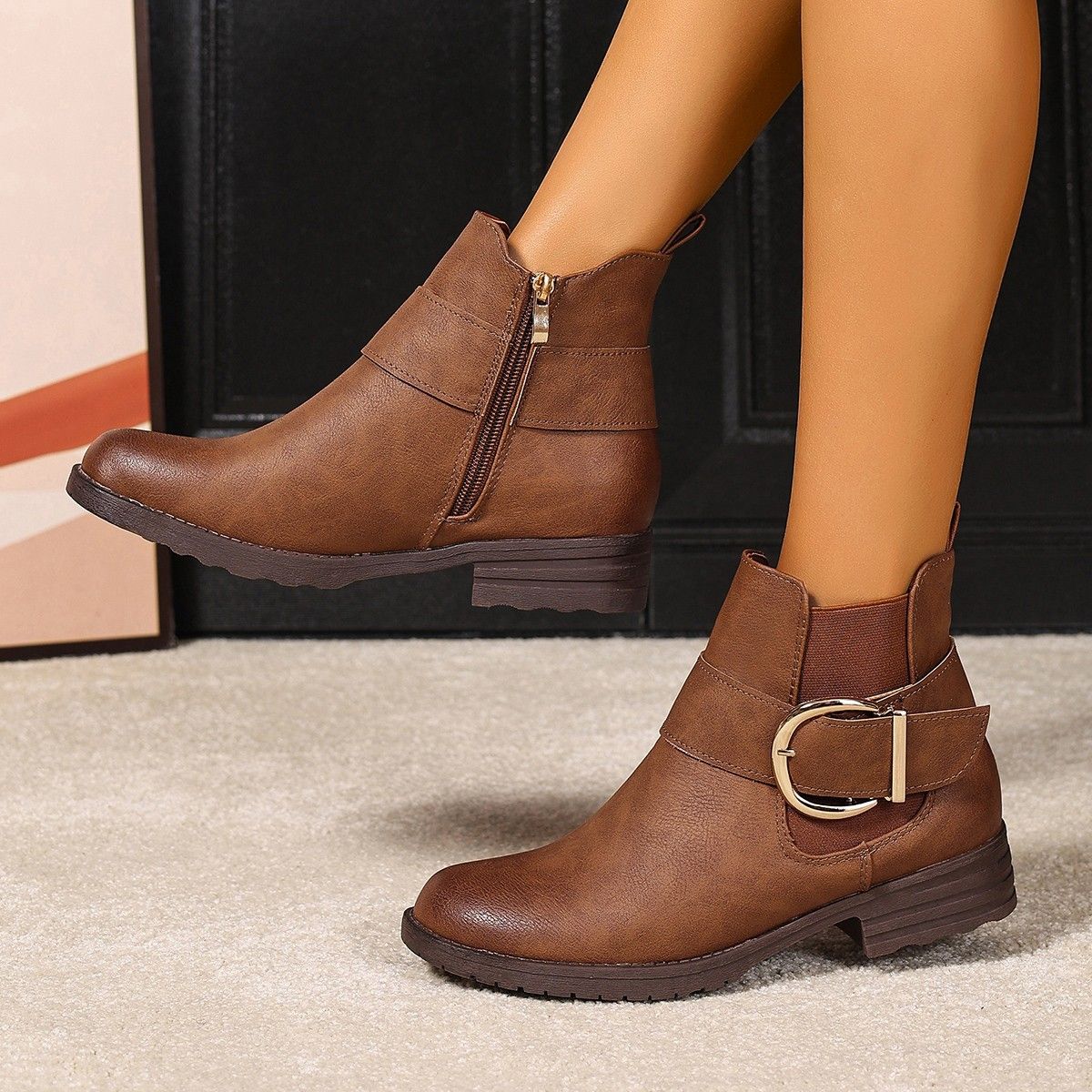Women's Casual Low-Cut Ankle Boots With Side Zipper & Chunky Buckle - Soft Round Toe Slip-On Booties For Winter (Light Brown)_vogvips.com