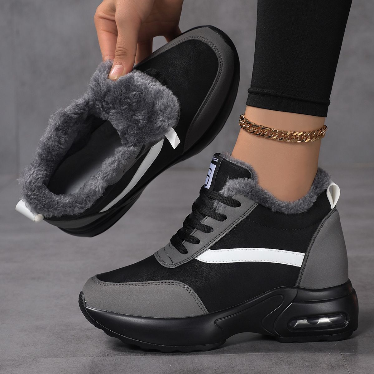 Women's Cotton Shoes With Plush Insulation, Air Cushion, Sloping Heel, Thick Soled Casual Shoes_vogvips.com