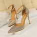 Sweet Korean Style Heels Thin High Heel Shallow Mouth Pointed Toe Hollow Strap Shiny Rhinestone Women's Sandals P_vogvips.com