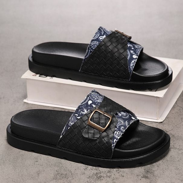 2026 New Black Woven Sandals, Open-toe Flat Slippers, Fashionable Outdoor Slip-ons, Lightweight Beach Shoes For Men And_vogvips.com