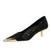 237-28 European And American Style Fashion Party Women's Thin Mid Heel Shallow Mouth Metal Pointed Toe Digital Pattern_vogvips.com