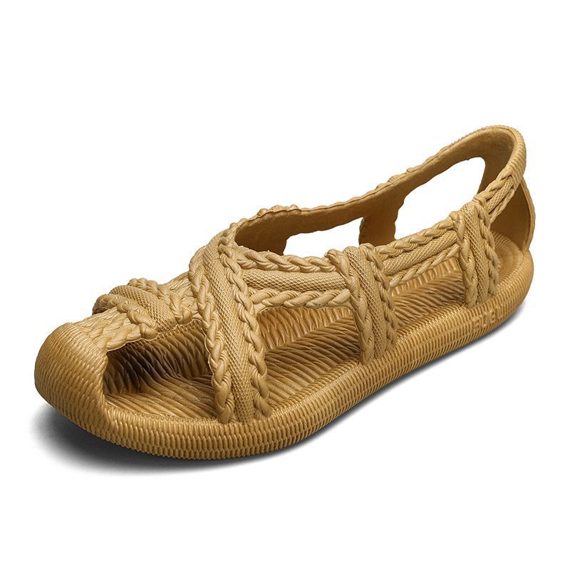 Men's And Women's Summer Retro Woven Sandals Soft Soled Breathable Non-Slip Beach Shoes Rubber Rattan Straw Flat Cool_vogvips.com