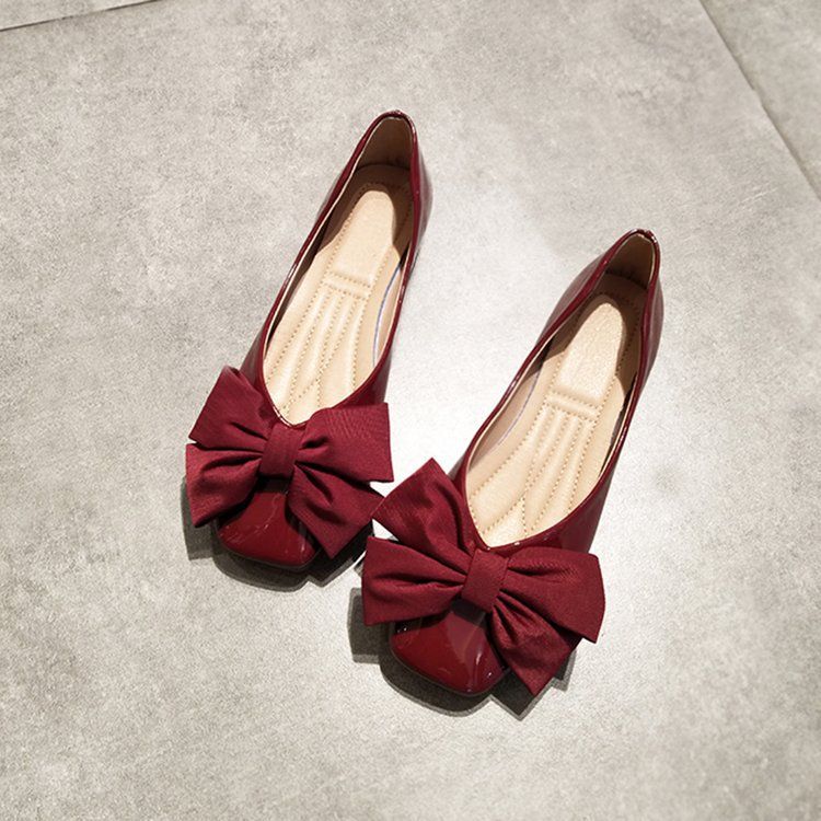 Flat Bottom Square Head Single Shoes Women's Shallow Mouth Sweet Big Bow Grandma Shoes Soft Sole Comfortable Small Red Shoes_vogvips.com