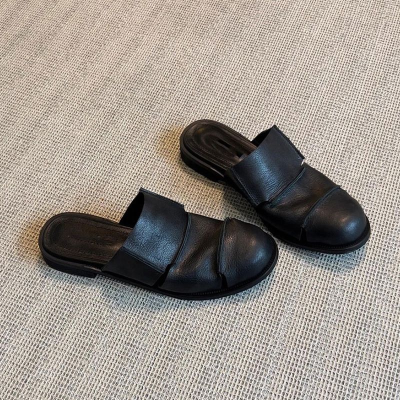 Sheepskin Version! Black Closed-toe Mules For Women, Vintage Style Soft Leather Slip-on Mules, Low-heeled Roman Shoes_vogvips.com