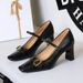 8293-1 European American Style Women's High-heeled Shoes With A Square Toe, Shallow Cut, Chunky Heel, And Metal Buckle_vogvips.com
