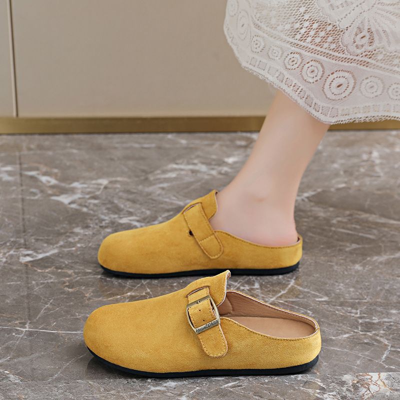 Suede Half Slippers For Women – Round Toe, Low-Heel Leisure Shoes In Solid Colors, Breathable Lightweight Design, Spring Summer Wear_vogvips.com
