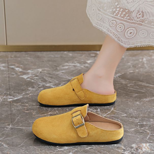 Suede Half Slippers For Women – Round Toe, Low-Heel Leisure Shoes In Solid Colors, Breathable Lightweight Design, Spring Summer Wear_vogvips.com