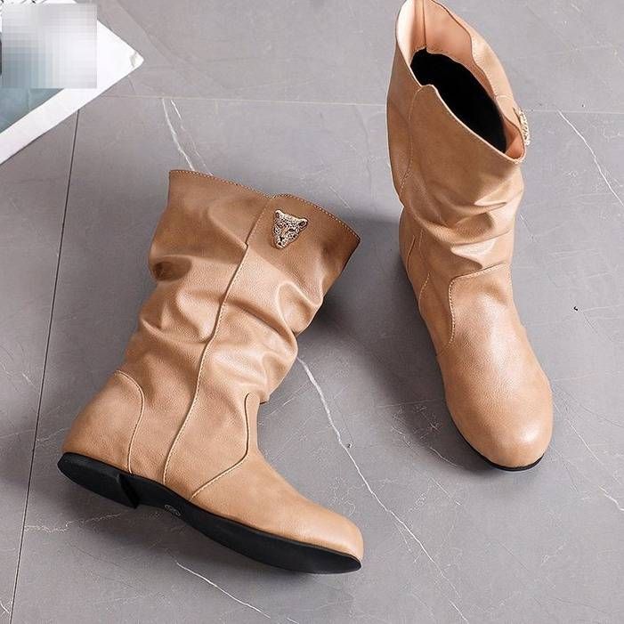 Chunky Stacked Boots For Women – Retro British Style Mid-Calf Wrinkled Leather Boots – Plus Size Comfortable Flat Ankle Boots_vogvips.com