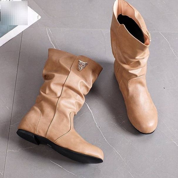 Chunky Stacked Boots For Women – Retro British Style Mid-Calf Wrinkled Leather Boots – Plus Size Comfortable Flat Ankle Boots_vogvips.com