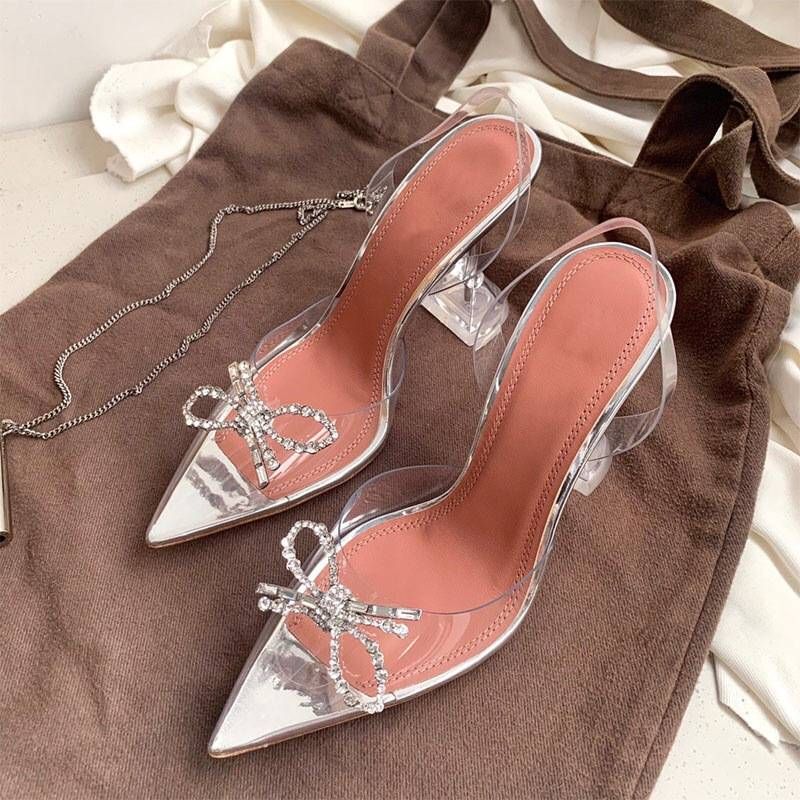 Women's Elegant Crystal Rhinestone Bow Pointed Toe Sandals - Transparent Strappy High Heels For Women, Fashionable Summer Dress Shoes_vogvips.com