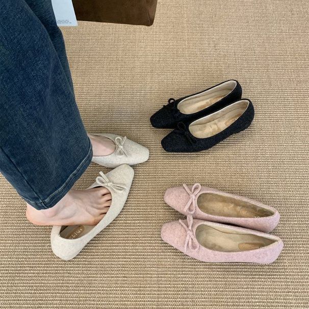 Single Shoe Women's 2025 New Versatile French Sweet Temperament Elegant Woolen Bow Warm Commuting Shoes_vogvips.com