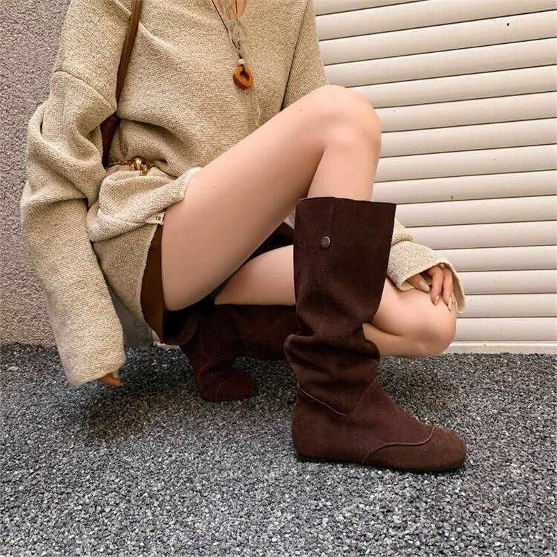 Women's Comfortable Soft Leather Mid-Calf Western Boots With Round Toe And Hidden Wedge Heel For Autumn Winter Spring Above The Knee_vogvips.com