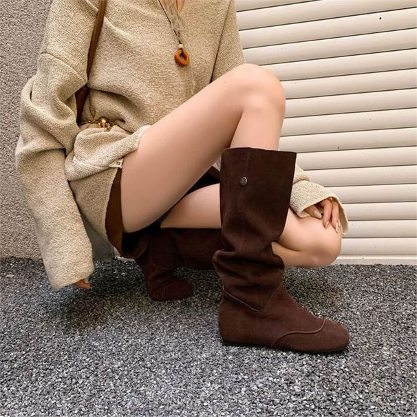 Women's Comfortable Soft Leather Mid-Calf Western Boots With Round Toe And Hidden Wedge Heel For Autumn Winter Spring Above The Knee_vogvips.com