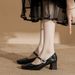 Leather Mary Jane Women's Shoes - One Strap, Rhinestone, Chunky Heel, Square Toe, High Heel, Nude Single Shoe_vogvips.com