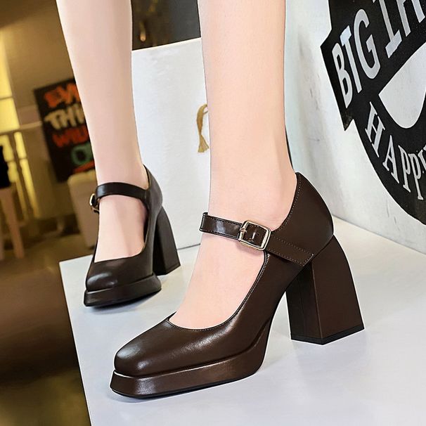 thick Heel Square Heel High Heel Waterproof Table Square Head Shallow Mouth Belt Buckle One Word Belt Single Shoe Women_vogvips.com