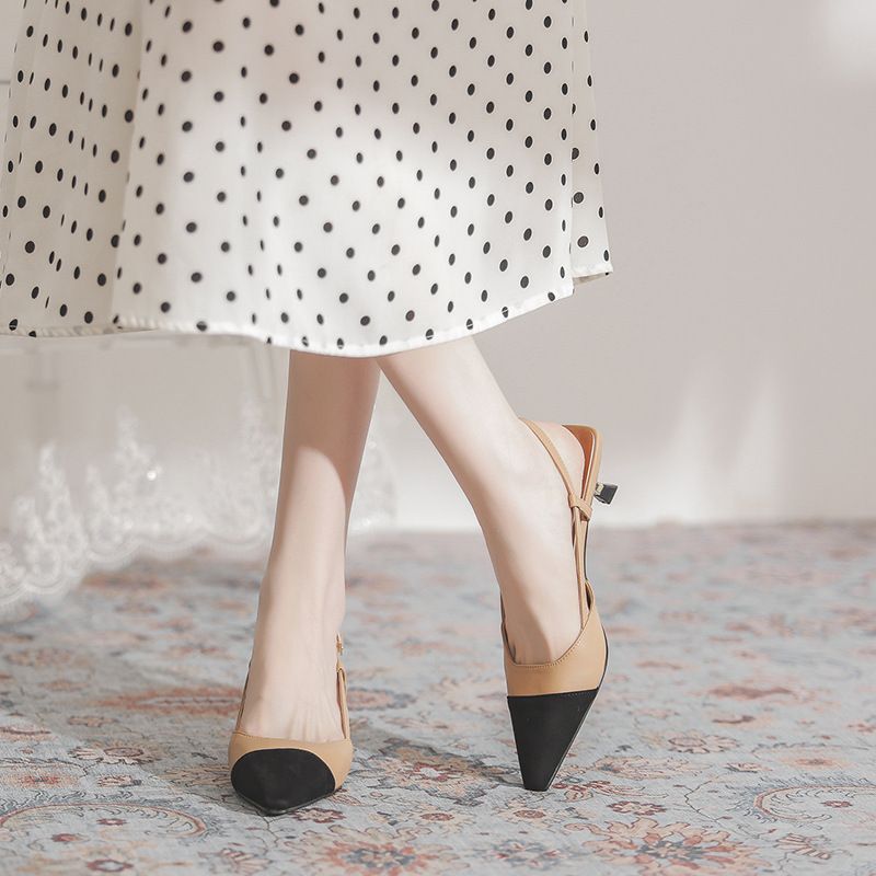 9560-1 French Mid-Heel Pointed Toe Backless Thin Heel Sandals For Women Summer Small Fragrance Style Color-Block High_vogvips.com
