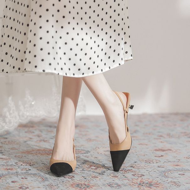9560-1 French Mid-Heel Pointed Toe Backless Thin Heel Sandals For Women Summer Small Fragrance Style Color-Block High_vogvips.com