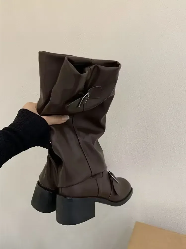 Luxury Women's Boots Slip On Female Mid-calf Boots Retro Biker Boots Fashion Block Heels Women Shoes Pu Leather Zapatos De Mujer_vogvips.com