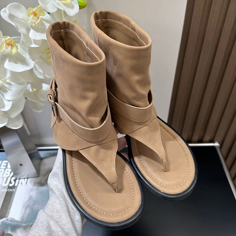 Clip Slip-On Boots 2025 Summer New Soft Leather Fashion Round Toe Personality Wedge Roman Sandals_vogvips.com