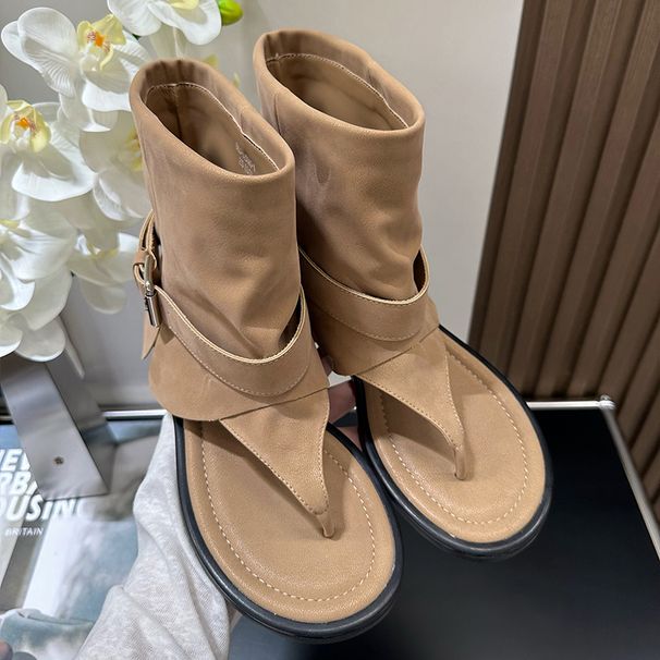 Clip Slip-On Boots 2025 Summer New Soft Leather Fashion Round Toe Personality Wedge Roman Sandals_vogvips.com