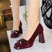 Korean version of square head waterproof platform high heels suede bow decoration women's shoes shallow mouth high heel shoes_vogvips.com