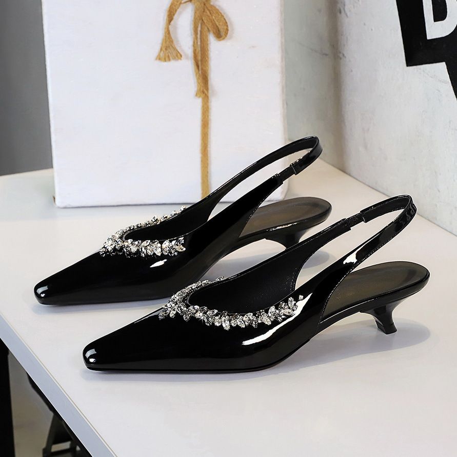 Cone Heel Patent Leather Rhinestone Shallow Mouth Single Shoes Women's Rear Strap One Pedal Comfortable Pointed Women's Shoes_vogvips.com