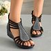Summer New European And American Foreign Trade Wedge Heel Roman Sandals With Back Zipper, Hollow Design, Rhinestones,_vogvips.com