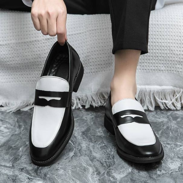 New Men's Fashionable Black And White Color-blocking Business Casual Loafers Leather Pointed Toe Men's Shoes Banquet Dress Wedding Shoes_vogvips.com