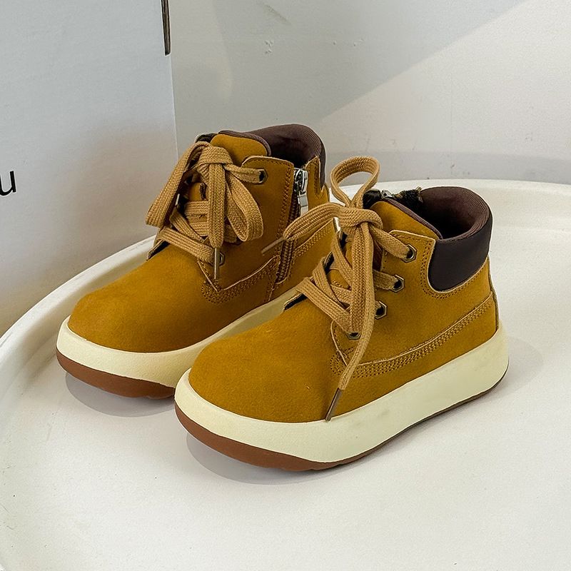 Kids' Fashion Mid-Calf Boots - Soft Sole, Slip-Resistant, Breathable PU Leather, Side Zipper, Unisex Yellow & Brown (Sizes 26-37)_vogvips.com