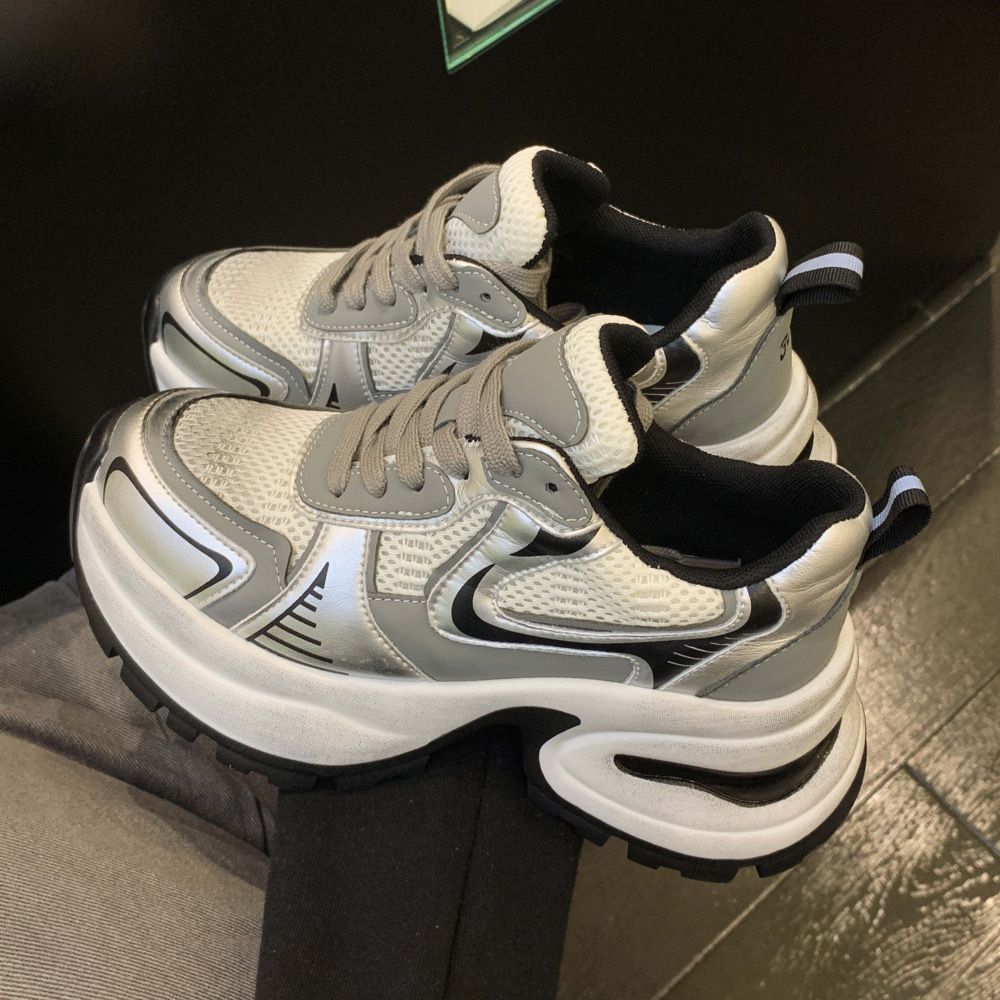 Zhao Lusi Same Style Silver Thick-Soled Sneakers 2025 Spring Summer New Mesh Genuine Leather Lace-Up Dad Casual Shoes_vogvips.com