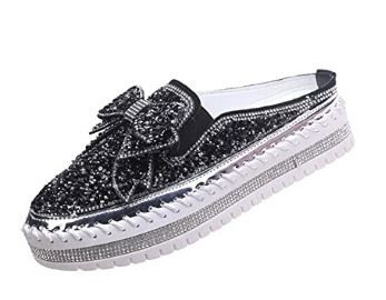 Women's Shoes Single Shoes For Women New Thick Soled Bow Slip On Loafers Rhinestone Mesh Soft Soled Casual Shoes_vogvips.com