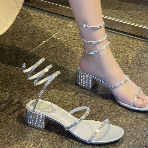 top Quality Serpentine Wrap Rhinestone Chunky Heel Sandals For Women 2024 Summer New Single Strap Mid-Heel Roman Fairy Style Flat_vogvips.com