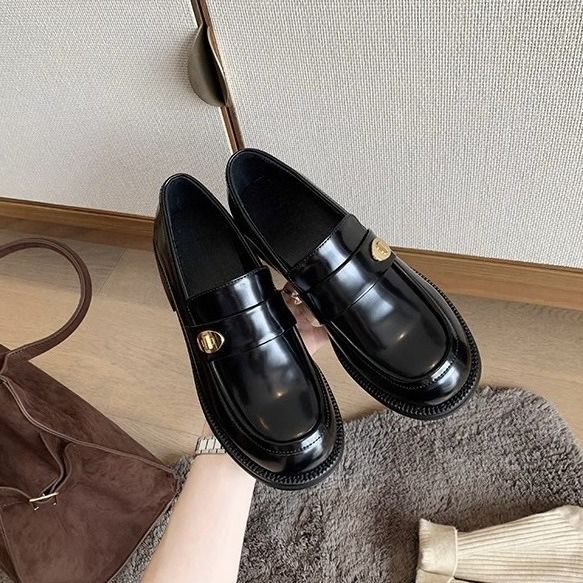 Women's Genuine Leather Loafers, Gold Buckle Block Heel Comfortable Slip-On Round Toe Casual Shoes For Fall_vogvips.com