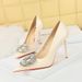 Stiletto heels, shallow mouth, pointed point, vintage patent leather, snake-print rhinestone buckle women's single shoes_vogvips.com
