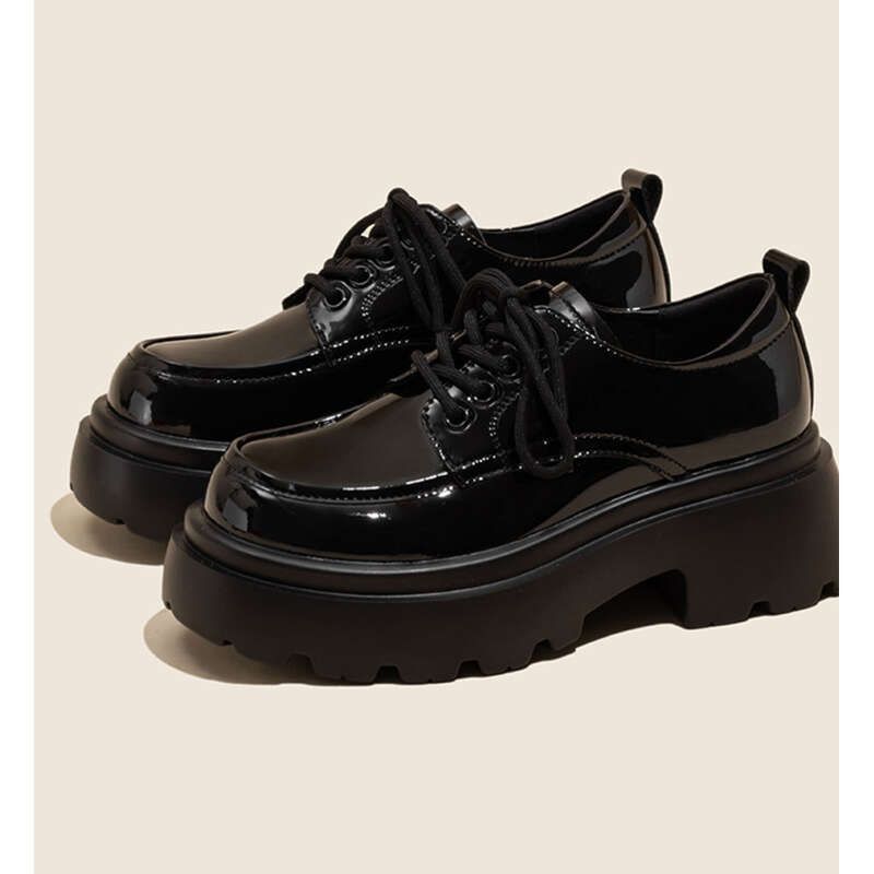 Bottom Small Leather Women's Shoes, Black Patent Leather, England Style Lace Up Height Increasing Casual Shoes,_vogvips.com