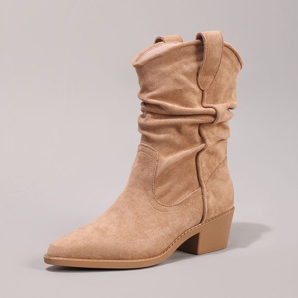 Women's Stretch Wrinkle Slip-On Boots Pointed Toe Chunky Heel Casual Stacked Ankle Boots For Slimming Effect_vogvips.com
