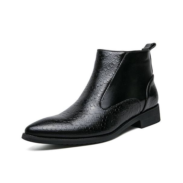 New Fashion Brown Retro Chelsea Boots Men's Pointed Toe Suit Martin Boots British Crocodile Pattern Business Men's Boots Leather Short Boots_vogvips.com