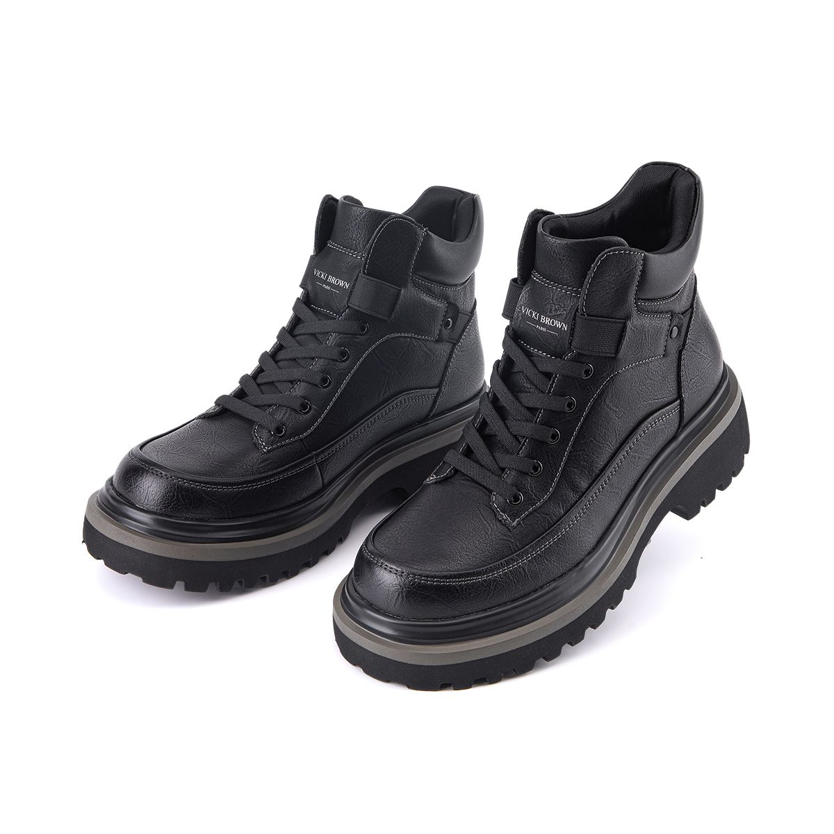 VICKI BROWN Men's Black Leather Ankle Combat Boots, Soft Fabric Lining Comfort Padded Insole, Non-Slip Block Rubber Sole Casual Work Outdoor Boot_vogvips.com