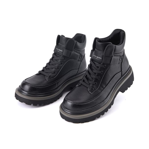 VICKI BROWN Men's Black Leather Ankle Combat Boots, Soft Fabric Lining Comfort Padded Insole, Non-Slip Block Rubber Sole Casual Work Outdoor Boot_vogvips.com