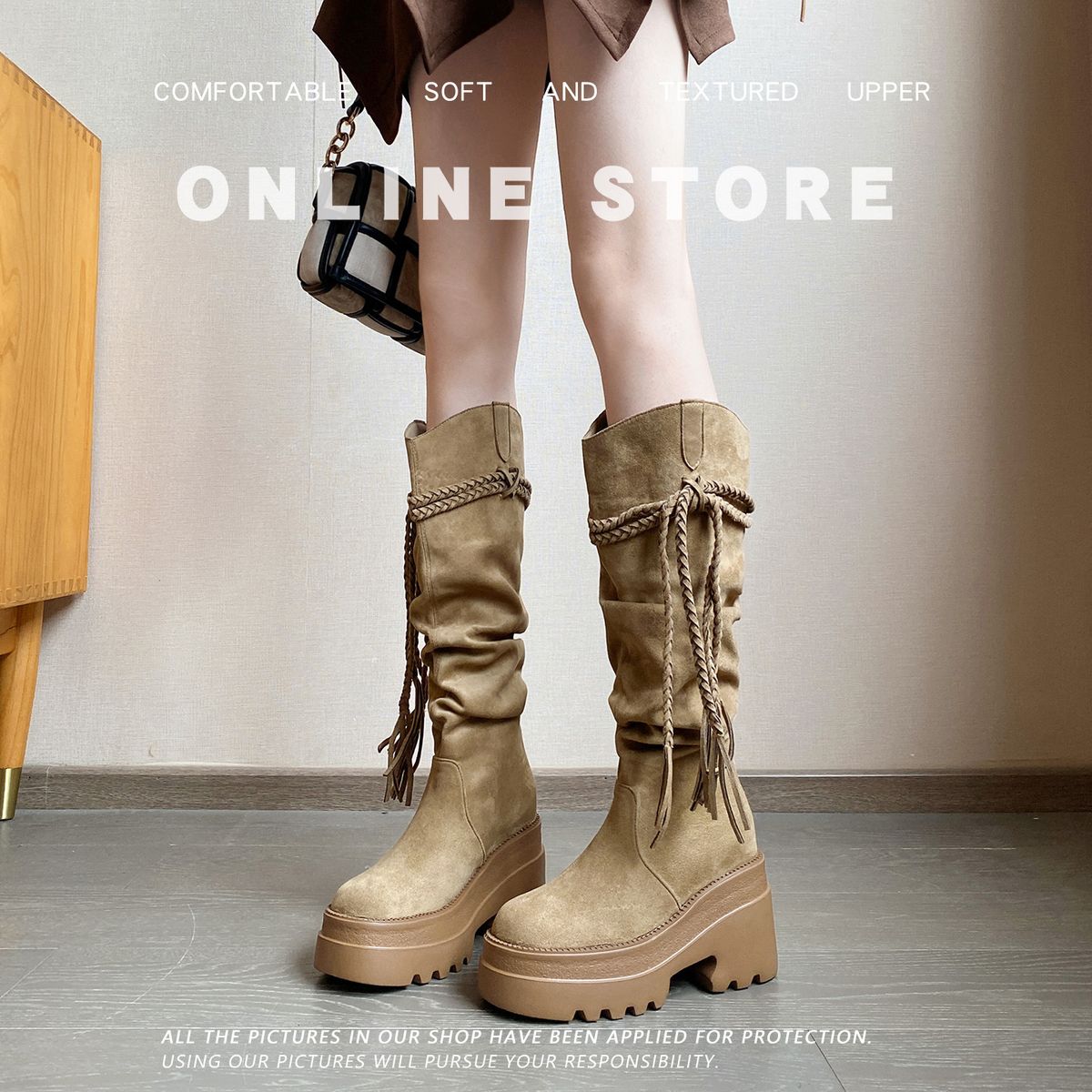 Inner Height Increase Western Cowboy For Women, Autumn Pile Style With Tassels And Ruched Design, Short Boots, Knee-High_vogvips.com