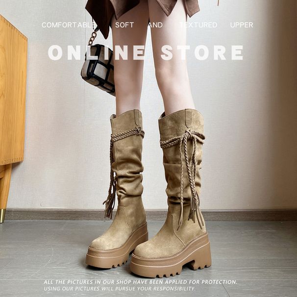 Inner Height Increase Western Cowboy For Women, Autumn Pile Style With Tassels And Ruched Design, Short Boots, Knee-High_vogvips.com