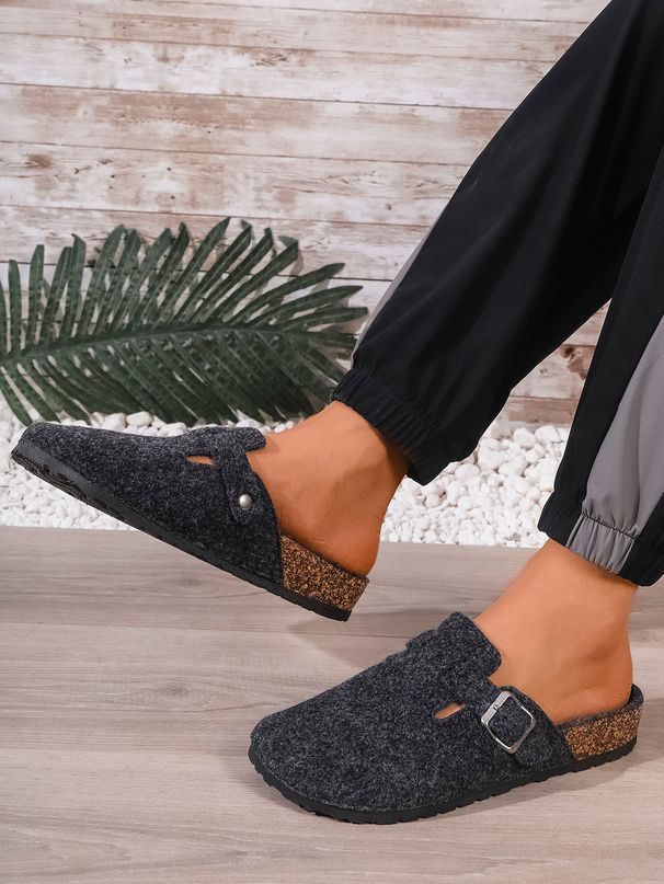 Men's Mules New Spring Retro Slip-On Casual Loafers Pu Upper Solid Color Fleece Cork Pattern Closed Toe Semi-Slip Flat Slippers With Adjustable Buckle_vogvips.com